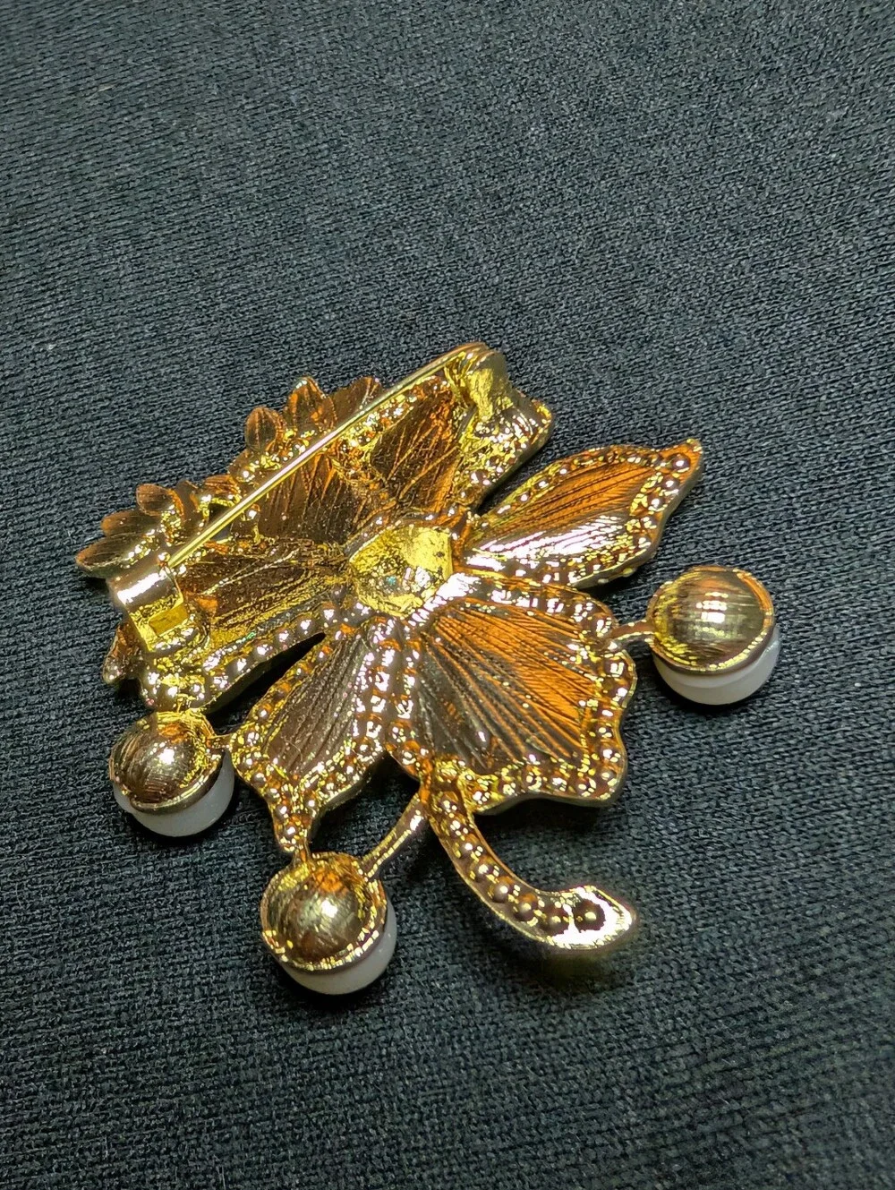 Floral Pearl Accent Brooch - Gold Tone Purple & Cream Enamel